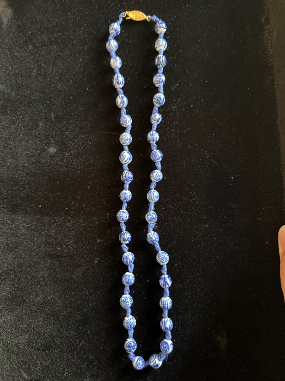 Blue Porcelain Bead Necklace with Gold-Tone Clasp